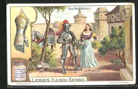 Sammelbild Liebig, Der Handschuh, Der Eisenhandschuh, Ritter und Maid