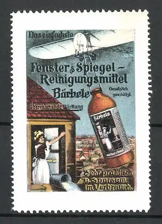 Reklamemarke Bärbele einfaches Fenster- & Spiegel-Reinigungsmittel, Flasche hängt am Flugzeug über der Stadt