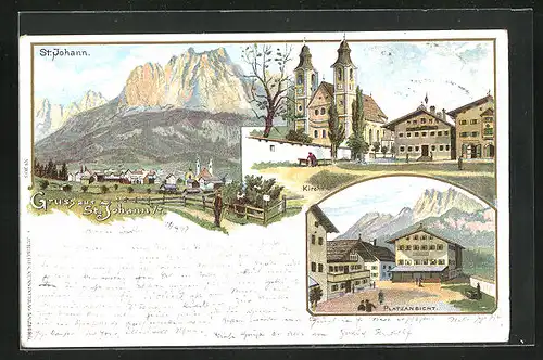 Lithographie St. Johann, Kirche, Platzansicht