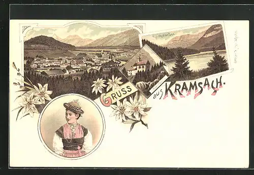 Lithographie Kramsach, Rainthaler See, Hilari-Kapelle, Tracht