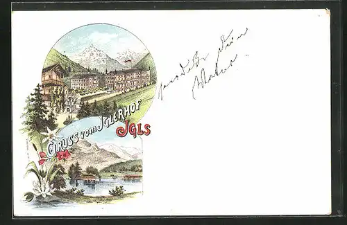 Lithographie Igls, Hotel Iglerhof, Ortspartie mit Bergen