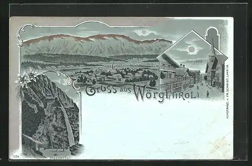 Mondschein-Lithographie Wörgl, Dorfplatz, Wasserfall, Totalansicht im Mondschein