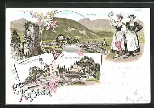 Lithographie Kufstein, Schloss Geroldseck, Teufelskanzel, Sparchner Mühle