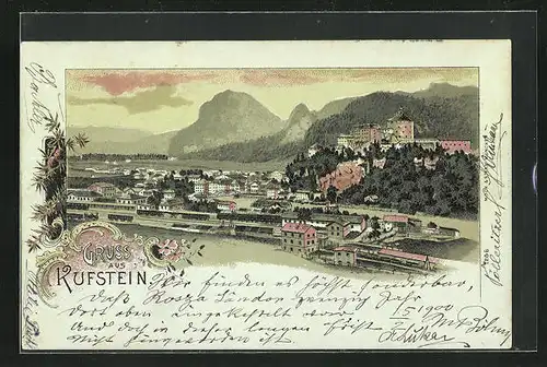 Lithographie Kufstein, Ortsansicht mit Bahnhof und Burgberg