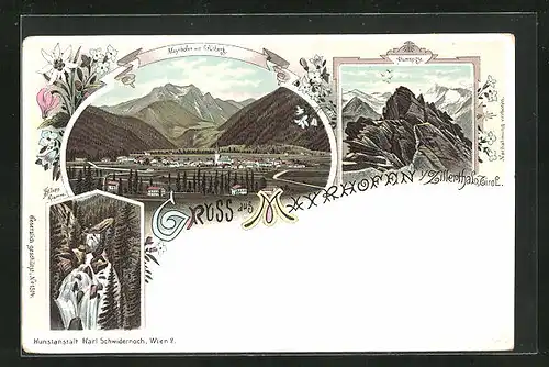 Lithographie Mayrhofen im Zillerthal, Stilupp-Klamm, Ahornspitze, Ortsansicht mit Grünberg