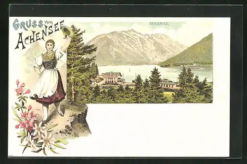Lithographie Maurach, Seespitz aus der Vogelschau, Frau in Tracht