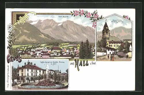 Lithographie Hall, Totalansicht der Stadt, Gasthaus Spiegel mit Rudolfs-Brunnen, Münzerthurm mit Burg Hassegg