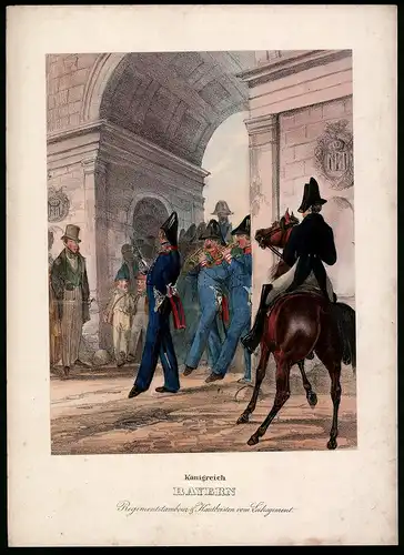 Lithographie Königreich Bayern, Regimentstambour, altkoloriert, montiert, aus Eckert & Monten um 1840 Vorzugsausgabe