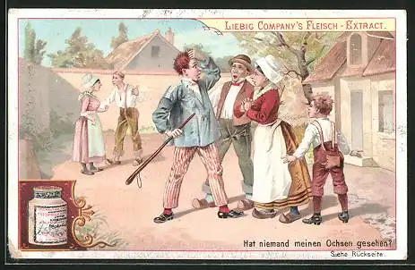Sammelbild Liebig, Hat niemand den Ochsen gesehen?, Bauern in Trachten