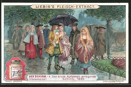 Sammelbild Liebig, Der Schirm, Der erste Schirm, 1620