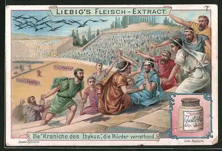 Sammelbild Liebig, Die Kraniche des Ibykus die Mörder verratend