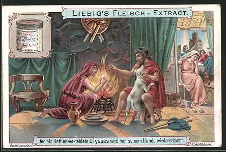 Sammelbild Liebig, Der als Bettler verkleidete Ulysses wird von seinem Hund wiedererkannt