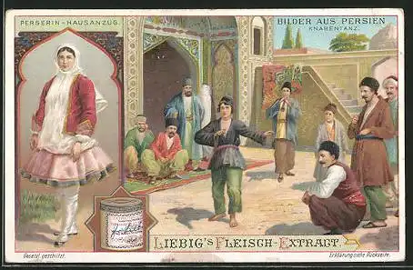 Sammelbild Liebig, Bilder aus Persien, Knabentanz, Perserin-Hausanzug