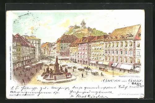 Lithographie Graz, Hauptplatz mit Schlossberg