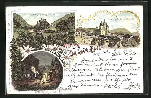 Lithographie Maria-Zell, Sigmundsberg, Wallfahrtskirche, Entstehung von Maria Zell