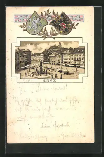 Lithographie Graz, Händlerstände auf dem Hauptplatz & Wappen
