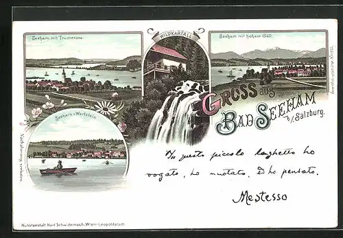 Lithographie Bad Seeham, Wildkarfall, Ortsansicht mit hohem Göll