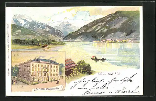 Lithographie Zell am See, J. Ertl`s Hotel Pinzgauer-Hof, Totalansicht