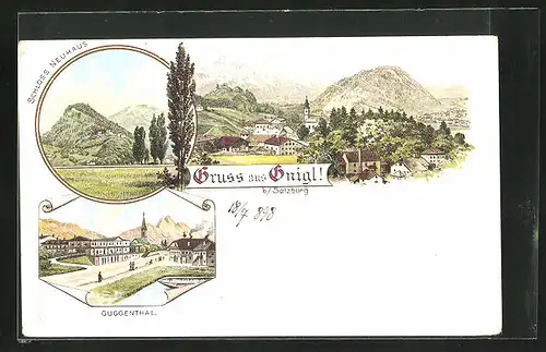 Lithographie Gnigl, Guggenthal, Schloss Neuhaus, Totalansicht
