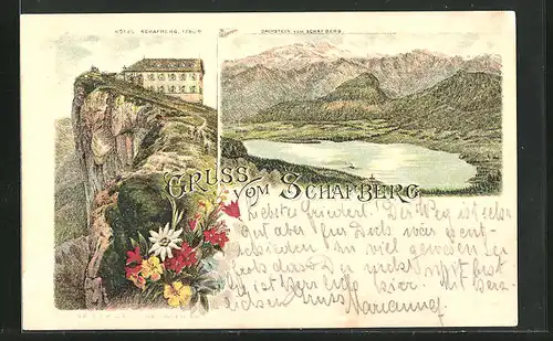 Lithographie St. Wolfgang, Hotel Schafberg, Dachstein vom Schafberg