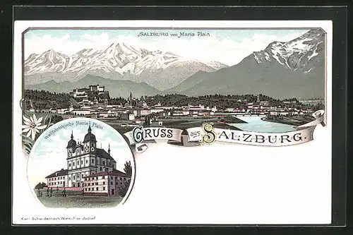Lithographie Salzburg, Wallfahrtskirche Maria Plain, Ortsansicht gegen das Gebirge