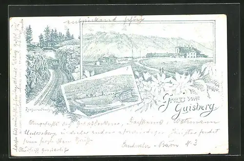 Vorläufer-Lithographie Salzburg, 1893, Hotel auf dem Gaisberg, Zahnradbahn