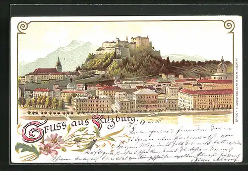 Lithographie Salzburg, Feste Hohensalzburg im Stadtbild