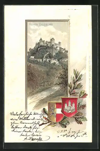Lithographie Salzburg, Blick zur Feste Hohensalzburg, Wappen