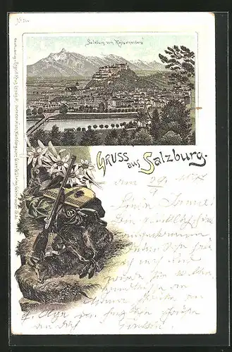 Lithographie Salzburg, Stadt vom Kapuzinerberg betrachtet, Zither und Flinte