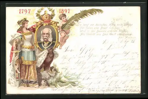 AK Frau mit Schwert und Englein mit Palmwedel am Portrait von Kaiser Wilhelm I.