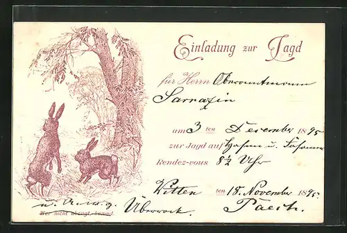 Vorläufer-AK Einladung zur Jagd, 1895, Wer nicht absagt kommt!, Kaninchen auf einer Wiese
