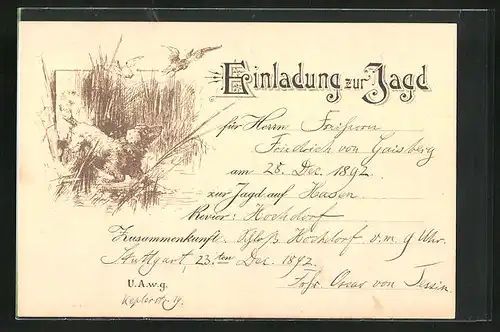Vorläufer-AK Einladung zur Jagd, 1892, Jagdhund und Vögel