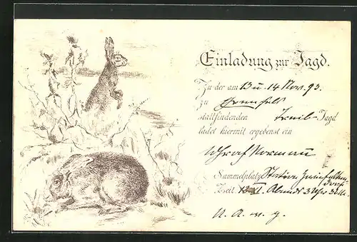 Vorläufer-AK Einladung zur Jagd, 1893, Kaninchen im Gestrüpp