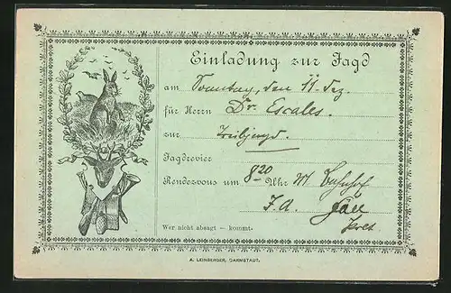 Vorläufer-AK Einladung zur Jagd, 1892, Hase auf einer Wiese und Vögel