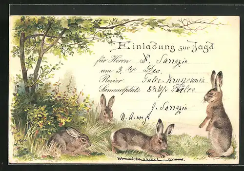 Vorläufer-AK Einladung zur Jagd, 1895, Kaninchen auf der Wiese