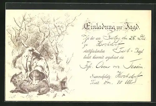 Vorläufer-AK Einladung zur Jagd, 1894, Jagdhund mit einem Fuchs