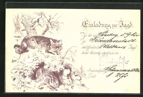 Vorläufer-AK Einladung zur Jagd, 1894, Fuchs an einem Kaninchenbau