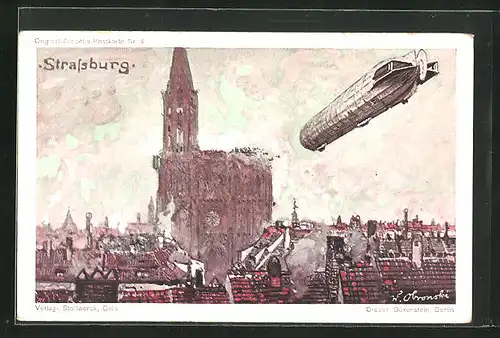 Künstler-AK Strassburg, Kirche mit Zeppelin, Reklame für Stollwerck-Kakao