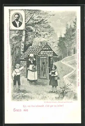 Künstler-AK Hänsel & Gretel, Lebkuchenhaus der Hexe, Komponist E. Humperdinck