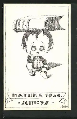 Künstler-AK Schwyz, Matura 1920, Pennäler mit Mathematikbuch auf dem Kopf. Absolvia