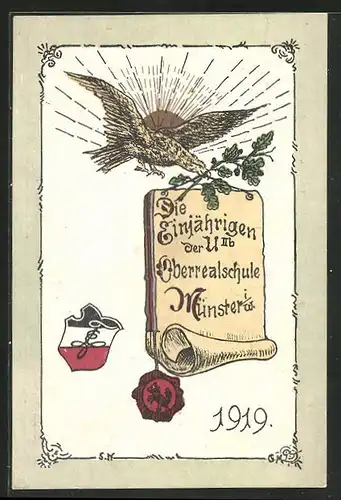 AK Münster i. W., Die Einjährigen der U IIb Oberrealschule 1919, Reichsadler mit Eichenzweig, Studentenwappen