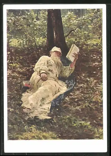 Künstler-AK Der alte Tolstoi im Schatten eines Baumes beim Lesen