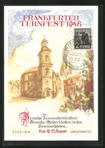 Künstler-AK Frankfurt, Turnfest 1948 im Stadion Sandhöferwiesen, Kirche