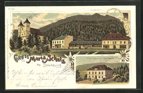 Lithographie Maria Schutz am Semmering, Hotel Bellevue u. Dependance, Ortspartie