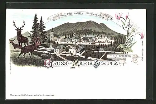 Lithographie Maria Schutz a. Semmering, Hotel Bellevue mit Dependancen und Villen