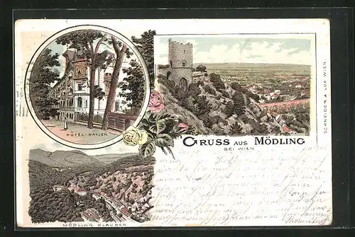 Lithographie Mödling, Hotel-Hayjek, Teilansicht mit Burgruine