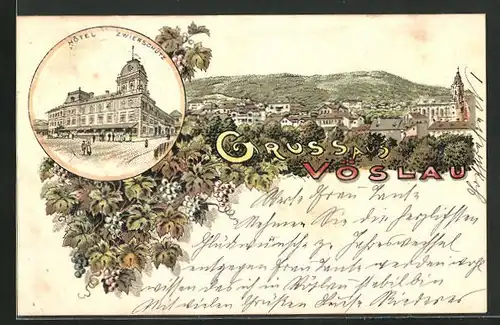 Lithographie Vöslau, Hotel Zwierschütz, Teilansicht vom Ort