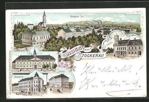Lithographie Stockerau, Postgebäude, Convict, Rathaus