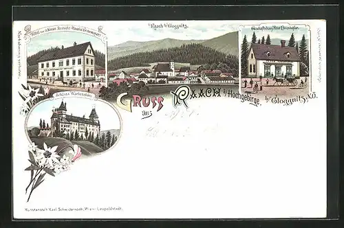 Lithographie Raach a. Hochgebirge b. Gloggnitz, Hotel Zur schönen Aussicht, Schloss Wartenstein, Geschäftshaus