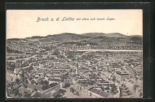 AK Bruck a. d. Leitha, altes und neues Lager aus der Vogelschau